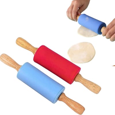 2 stuks Kleine deegroller met houten handvat voor kinderen - antiaanbaklaag van siliconen - deegroller voor het bakken van deeg - deegroller voor het maken van babyvoeding - 23*10*4,5 cm - voor het bakken van maïsdeeg voor kinderen - blauw, rood