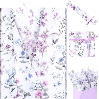 Zijdepapier 50 x 35 cm – 60 Vellen Paars met Bloemenprint voor Geschenkverpakking