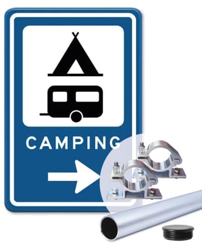 Bord Camping pijl rechts - Weerbestendig Aluminium - 30x45 cm - Bevestiging: Met paal 150 cm + paalbeugels + paaldop
