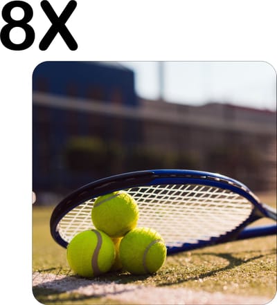 Luxe Placemat - Tennisballen Onder Tennis Racket - Set van 8 Placemats - 50x50 cm - 2 mm dik Vinyl - Anti Slip - Afneembaar