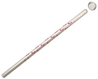 Potlood met kristallen tip, pianotoetsen, muzieknoten, roze