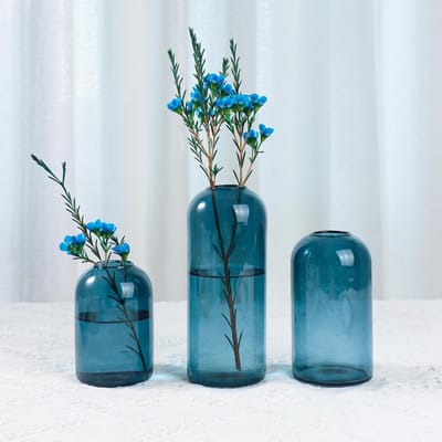 SnelShoppen - Hemelsblauwe Glazen Knopvazen voor Bloemen - 3 Stuks Kleine Decoratieve Vazen voor Woonkamer, Eettafel, Bruiloft en Feestelijke Evenemen