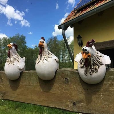 Wit Hars Haan Tuinsculptuur - Geluks Kip Beeld met Sleuf voor Bloempot, Hek, Decoratief Ornament voor Buiten Boerderij