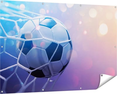 Gards Tuinposter Voetbal Bal Door het Goal Heen - 150x100 cm - Tuindoek - Tuindecoratie - Wanddecoratie buiten - Tuinschilderij