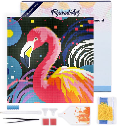 Figured'Art Mini Diamond Painting set Volwassenen 25x25 cm met lijst Flamingo Abstracte Pop-Art - 5D DIY Art full drill ronde diamant - Canvas al ingelijst