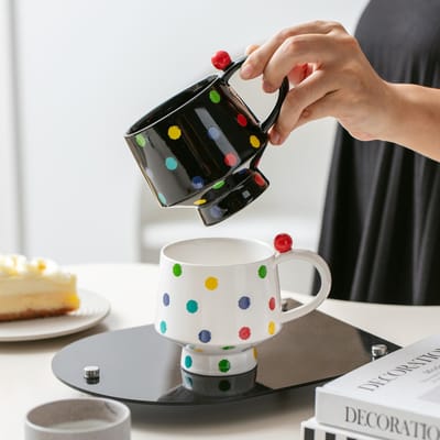 Kleurrijke Polkadot Mok Creatieve Keramische Stapelbare Kop Kantoor en Huis Niche Design Eenvoudige Koffieschotel Kopstel 301-400ml black