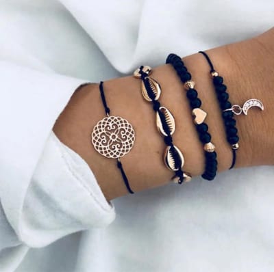 Joboly Set armbanden marmer schelp hartje maan mandala 4 delig - Dames - Goudkleurig - 18 cm