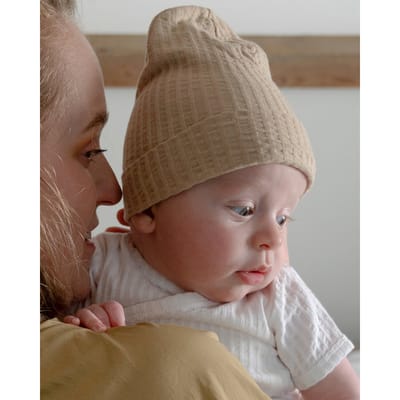 Baby Beanie 0-6M Beige Zacht Ademend Katoen Seersucker