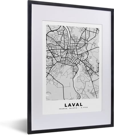 Fotolijst incl. Poster - Kaart - Stadskaart - Laval - Plattegrond - Frankrijk - 30x40 cm - Posterlijst
