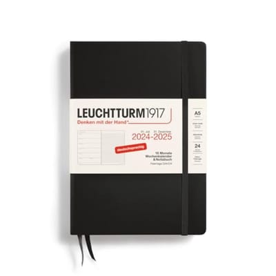 Weekkalender en notitieboek 2025 - A5 hardcover, 18 maanden planner, 80g, gelinieerd - Zwart