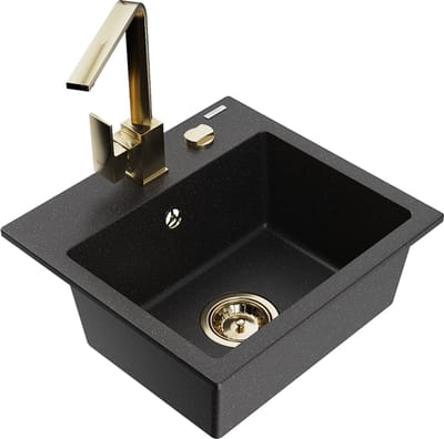 Mexen Milo granieten spoelbak met 1 bak en Rita keukenkraan, zwart/zilveren metallic - 6505-73-670300-50