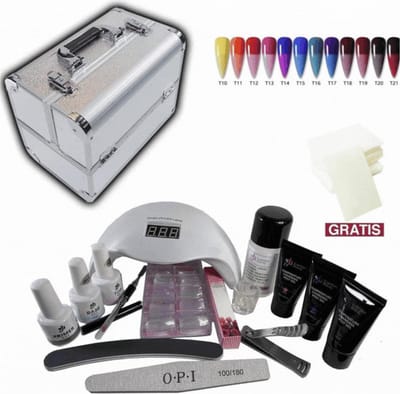 Manicure Set - Polygel Kit Glitter - 17- delige starterspakket incl. opbergkoffer - Kleur Oranje/Blauw/Zwart - nageldoekjes en nagellijm - Gel nagellak