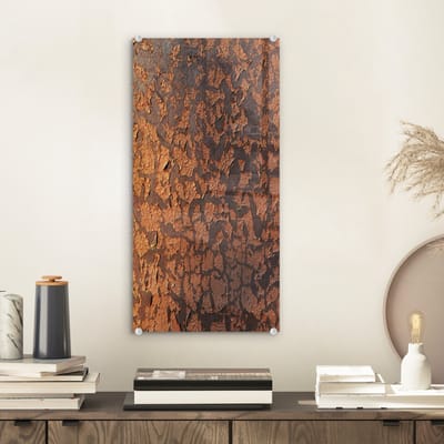 MuchoWow® Glasschilderij 20x40 cm - Schilderij acrylglas - Roest - Bruin - Oranje - Metaal - Patroon - Structuur - Foto op glas - Schilderijen