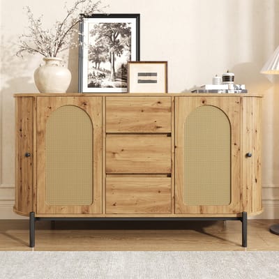 HAUSS SPOLE Dressoir - Ovale Opbergkast Met Rotan Deuren En Schuifdeuren - Voor Woonkamer En Hal - MDF - 140x38x77,5 Cm - Naturel