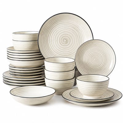 Home & Beyond® 24-Delig Serviesset voor 6 Personen - Handbeschilderd Spiraal Design - Keramisch Tafelservies - Borden en Kommen Set - Beige