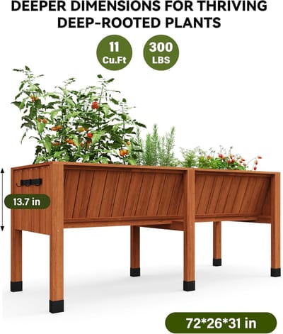 Houten verhoogde plantenbak - 183 x 66 x 79 cm - Verhoogde plantenbak met gereedschapshaken - Rechthoekige plantenbak voor groenten, kruiden en bloemen - Eikenkleur