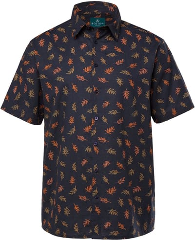 Boston Park - Heren - Overhemd van linnenmix korte mouw all-over print kentkraag - Navy blauw - Maat L