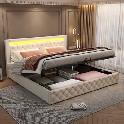 Gestoffeerd tweepersoonsbed met hydraulisch opbergvak - Slaapkamer en logeerkamer 180x200 cm - Wit - LED-verlichting met afstandsbediening - Inclusief lattenbodem - 220 kg draagvermogen