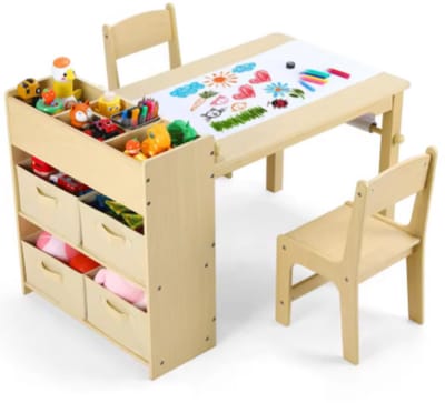 Kunsttafel en Stoelenset voor Kinderen - Houten Knutseltafel met 2 Stoelen, Opbergplanken, Canvas Bakken en Papierrol - Speeltafel voor Kinderkamer - Houtlook