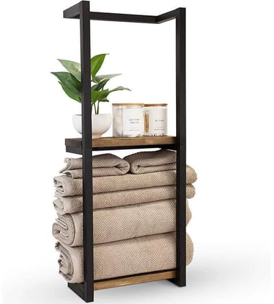 Handdoekrek met Houten Plank - Wandgemonteerde Handdoekhouder met 2 Lagen - Ruimtebesparend Badkamerrek voor Handdoeken en Toiletartikelen - Montage met Boren - Zwart