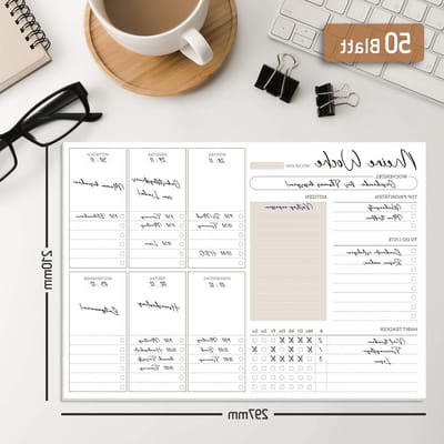 Weekly Planner A4 zonder Vast Datum, 50 Pagina's, Bureaublok met To-Do Lijst, Weekoverzicht en Gewoonte Tracker voor Afspraken, Taken en Notities