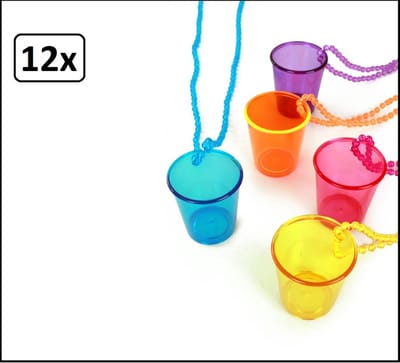 12x Shotje glaasje aan ketting assortie kleuren - shotglas festival thema feest drinken uitgaan fun vrijgezel glas