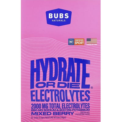 BUBS Naturals, Hydrate or Die®, Elektrolytendrankmix, Gemengde Bessen, 20 Sachets, 12,3 g (0,43 oz) Elk