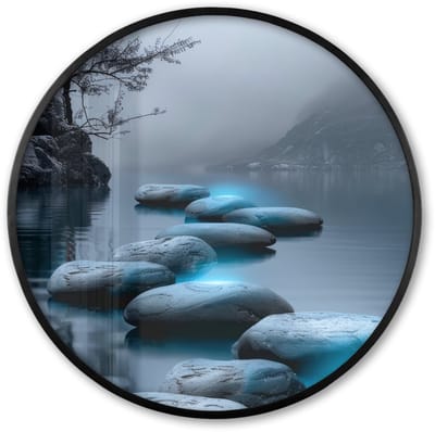 Poster in lijst Rond - Fotolijst 60x60 cm - Posters - Stenen - Water - Bomen - Natuur - Ronde posterlijst zwart - Decoratie - Wanddecoratie woonkamer - Muurdecoratie slaapkamer