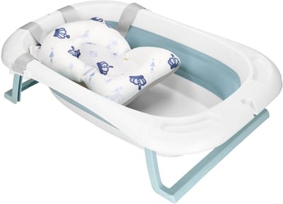 Springos Opvouwbaar Baby Bad - Opvouwbaar - Draagbaar - Met Stop - Thermometer - Kussen - Tot 12 Maanden - 35 L - Blauw - Wit - 82 x 52 x 22 cm