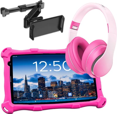 AngelTech Luxe OnderwegPakket PRO MAX – Kindertablet PRO MAX Roze + Kinderkoptelefoon + Tablethouder - Android 16 - Kindertablet Vanaf 3 Jaar – Kinder Tablet – Kids Tablet - Tablet voor Kinderen