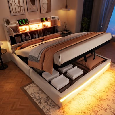 DESMIU Gestoffeerd Bed 160x200cm – Hydraulisch Opbergbed Met Lichtstrips En Oplaadpunt – Hoofdbord Met Opbergruimte – Voor Slaapkamer – Linnen – Beige – Zonder Matras