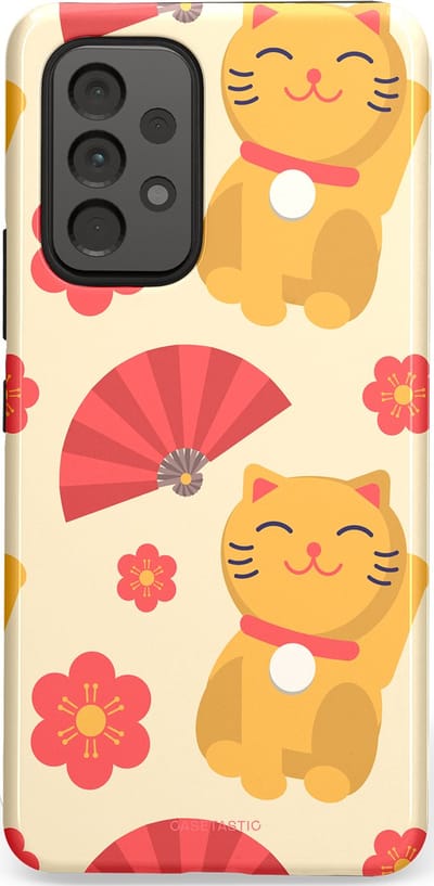Casetastic hoesje geschikt voor Samsung Galaxy A53 (2022) 5G - Dubbellaagse bescherming - Japanse Poezenvreugde - Lucky Cats - Fashion Case - Crème Koraal Goud