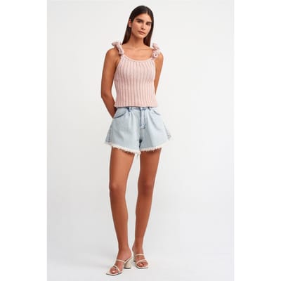 Scoop Neck Gebreide Rib Top zonder Mouwen met Bloemdecoratie