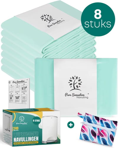 Pure Sensation® Luieremmer Navulling - 8 stuks - Geschikt voor Korbell - Inclusief Extra Luier Etui- Navullingen 15/16 liter - Luieremmer Zakken - Luieremmernavullingen - Luieremmers - Korbell Luieremmer – Luierzakjes Wegwerp - Korbell Navulling