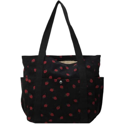 Sac à main en velours côtelé à fraises Sac pour femme doux Sac à bandoulière polyvalent à la mode Beaux sacs cabas simples pour femme de banlieue noir