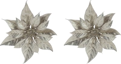 Decoratie bloem kerststerren - 2x stuks - champagne glitter - op clip - 18 cm - kerstboomversiering