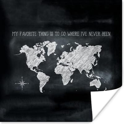 Poster 30x30 cm - Wereldkaart - Krijtbord - Kompas - Posters - Kamer decoratie - Wanddecoratie woonkamer - Muurdecoratie slaapkamer