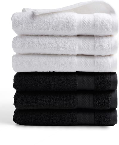 DoubleDry Hotel Handdoeken 50 x 100 cm – Set van 6 – 100% Katoen 500 g/m2 – Zacht & Absorberend - 3x Wit + Zwart