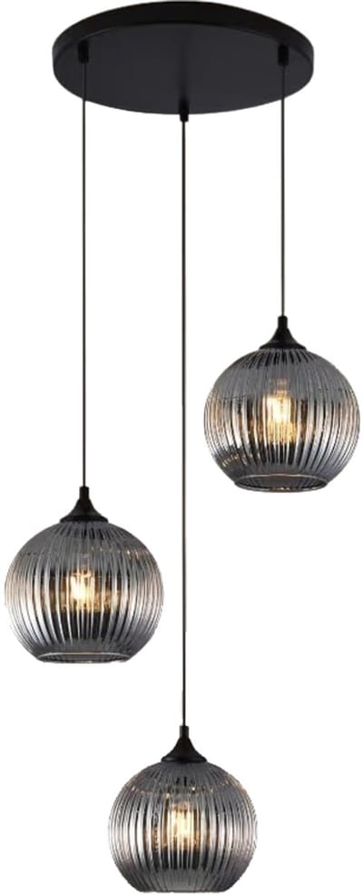 Lusenz Ovale Pendente - Hanglamp eettafel - 3 lichts smoke glas - Design hanglamp - E27 Fitting - Dimbaar - Voor Eetkamer, gang, woonkamer, slaapkamer - Hoogte verstelbaar - Modern - Zwarte hanglamp