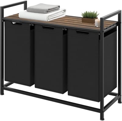 DnA® Wasmand 3 Vakken - Wasmand - Wassorteerder - Wasmand Met Deksel - Zwart - 94cm x 34cm x 72cm