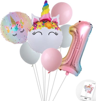 Eenhoorn Unicorn Sweet Color Ballonnen Set - Snoes - Cijfer Ballon 1 Jaar - Roze - Wit - Pastel