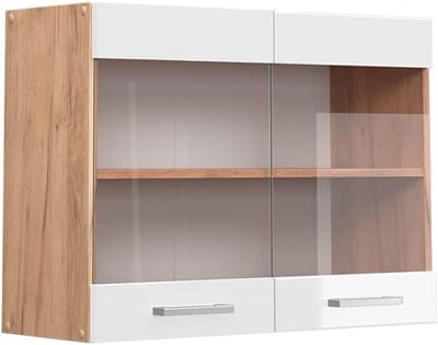 Wandkast met Glasdeuren voor de Keuken 80 cm Hoogglans Wit en Gouden Accent