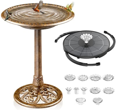 Vogelbad met 3,5 W fontein op zonne-energie, voederplaats, tuin, balkon, decoratie, vogelbak, vogel, voederplaats, drinkbak, badkamer voor balkon, terras, tuindecoratie, vogelbad, brons