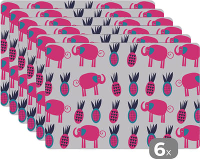Placemat - Placemats kunststof - Ananas - Olifant - Design - 45x30 cm - 6 stuks - Hittebestendig - Anti-Slip - Onderlegger - Afneembaar