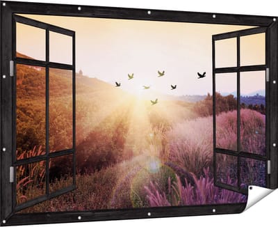 Gards Tuinposter Doorkijk Silhouet Zwerm Vogels bij Zonsondergang - 180x120 cm - Tuindoek - Tuindecoratie - Wanddecoratie buiten - Tuinschilderij