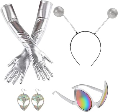 Alien kostuum voor vrouwen - glanzende accessoires - antenne, hoed, brillen, handschoenen - perfect voor carnaval - ShopVlot