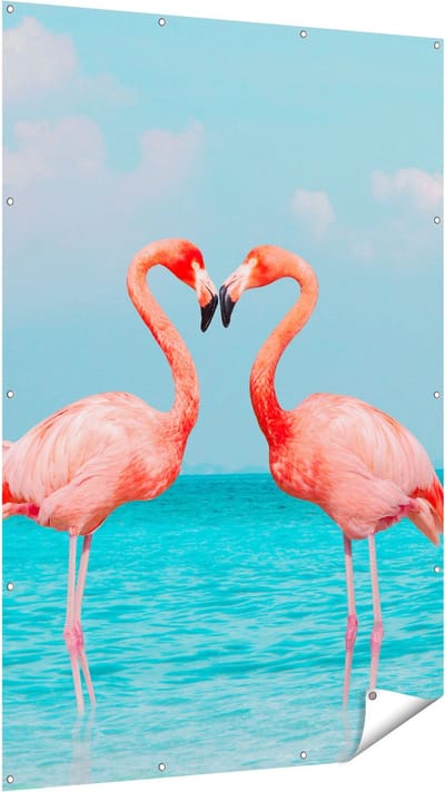Gards Tuinposter Twee Flamingo's in een Hart Vorm in het Water - 120x180 cm - Tuindoek - Tuindecoratie - Wanddecoratie buiten - Tuinschilderij