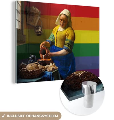 MuchoWow® Glasschilderij 160x120 cm - Schilderij acrylglas - Melkmeisje - Vermeer - Pride vlag - Foto op glas - Schilderijen