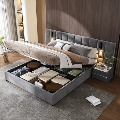 Sweiko Gestoffeerd bed, hydraulisch opbergbed met indicatielampje en USB-oplading, breed schuimvuld hoofdbord, schaakbord, stalen frame, fluweel, 180 tot 200cm, grijs