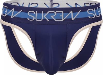 Sukrew Classic V-Thong Navy/Cream - Maat S - Sexy Heren Ondergoed - Erotische String voor mannen